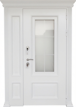 Входная белая термодверь с боковой вставкой, стеклом, карнизом и металлобагетом (полимерная покраска и МДФ RAL)