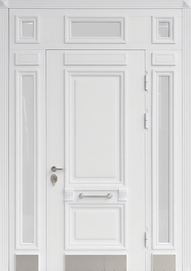 Парадная входная группа с терморазрывом, остеклением и отбойником (белые панели MDF с багетом)