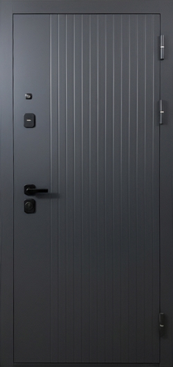 Квартирная дверь с серым полимерным окрашиванием и выдавленным рисунком