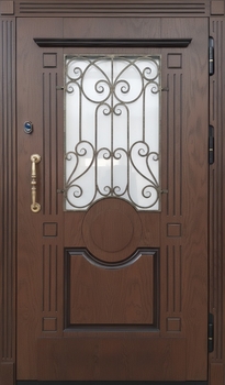 Металлическая термодверь со стеклопакетом, ковкой и панелями МДФ с фрезеровкой и багетом