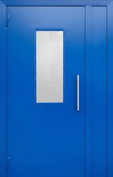 Подъездная стальная дверь с боковой вставкой, стеклом, электромагнитным замком и синим порошковым покрытием Подъездная стальная дверь с боковой вставкой, стеклом, электромагнитным замком и синим порошковым покрытием